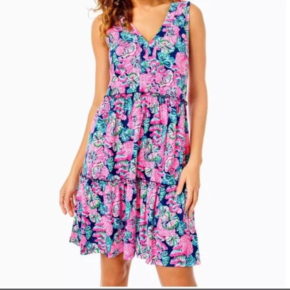 Lilly Pulitzer | Women’s Lorina Pink Blue Tiered Ruffle Summer Midi Swing Dress - Picture 1 of 16
